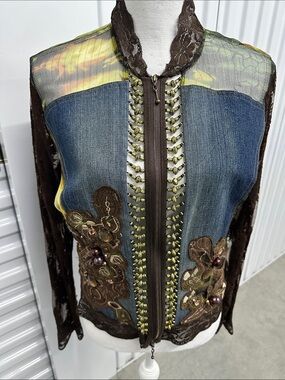 AZI Jeans Embellished Mixed-Media Women's Jacket - Brown & Denim